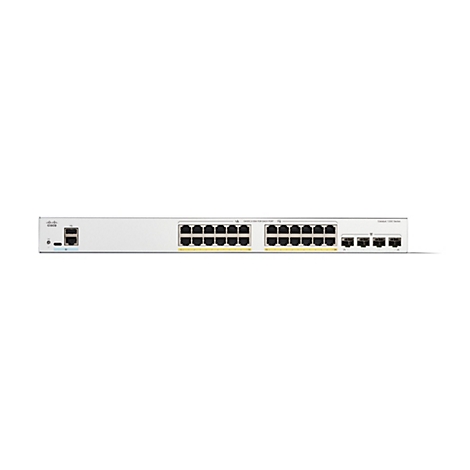 Ein grauer Cisco Catalyst 1200 Series Switch mit mehreren Ethernet-Ports. Auf dem Gerät befinden sich auch die Anschlüsse für Strom und Netzwerk.