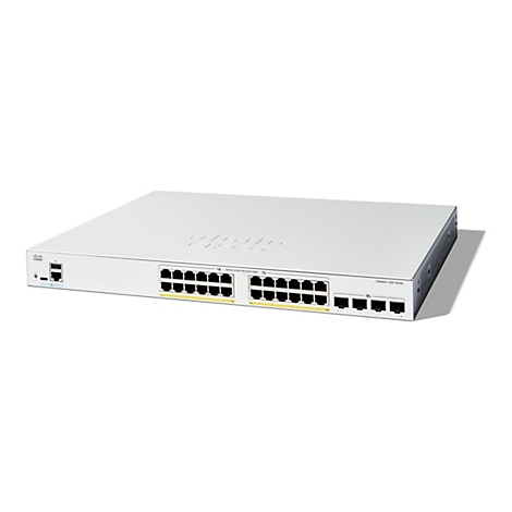 Ein weißer Cisco Catalyst 1200 Series Switch auf weißem Hintergrund. Das Gerät weist zahlreiche Anschlüsse und das Cisco-Logo auf.
