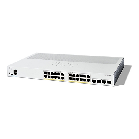 Ein weißer Netzwerk-Switch der Cisco Catalyst 1200 Series. Er hat mehrere Anschlüsse auf der Vorderseite, darunter 24 Ethernet-Ports. Auf dem Gehäuse sind das Cisco-Logo, Modellbezeichnungen und weitere technische Angaben aufgedruckt.