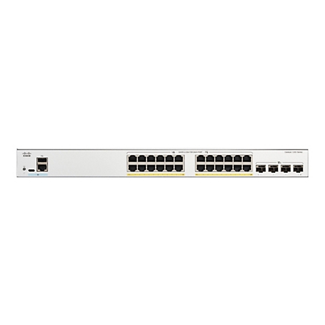 Ein weißes Cisco-Switch-Gerät, das mit zahlreichen Ethernet-Anschlüssen ausgestattet ist. Oben steht die Aufschrift "Catalyst 1200 Series".