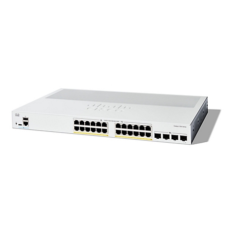 Ein weißer Cisco Catalyst 1200 Series Switch auf weißem Hintergrund. Das Gerät hat mehrere Anschlüsse auf der Vorderseite.