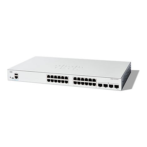 Ein weißer Cisco Catalyst 1200 Series Switch. Auf der Oberseite ist das Cisco Logo abgebildet und an der Vorderseite sind Anschlüsse mit Nummern beschriftet.