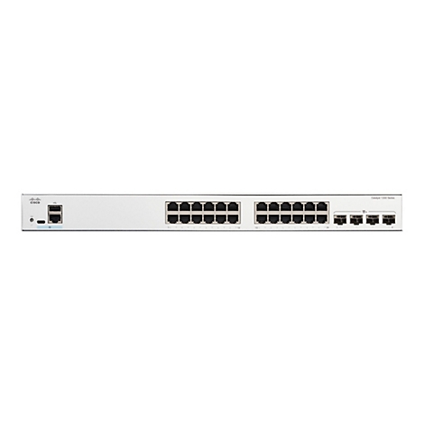 Ein grauer Cisco Catalyst 1200 Series Switch mit mehreren Ethernet-Ports, links ein Logo.