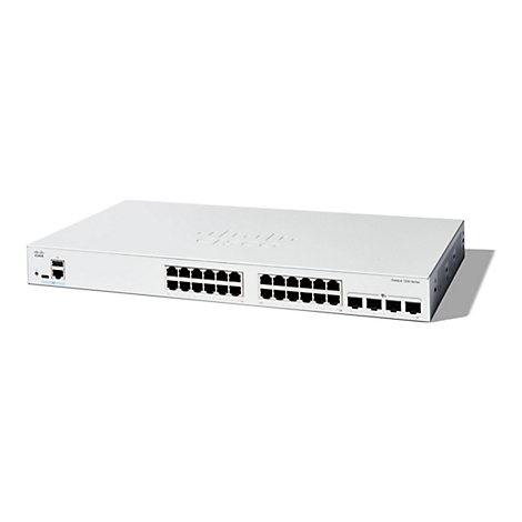 Ein weißer Cisco Catalyst 1200 Series Switch vor weißem Hintergrund. Der Switch hat mehrere Ethernet-Anschlüsse und das Cisco-Logo.