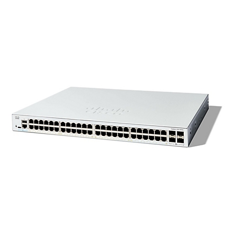 Ein weißer Cisco Catalyst 1200 Switch. Zahlreiche Ports und Anschlüsse sind sichtbar.