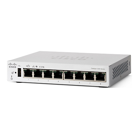 Ein weißer Cisco Catalyst 1200 Series Switch auf weißem Hintergrund. Das Gerät hat acht Ethernet-Ports und verschiedene LEDs und Anschlüsse.