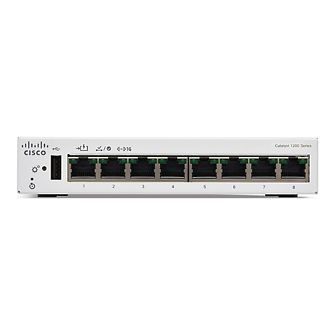 Ein weißer Cisco Catalyst 1200 Series Switch mit acht Netzwerkanschlüssen, Beschriftungen und dem Cisco-Logo.