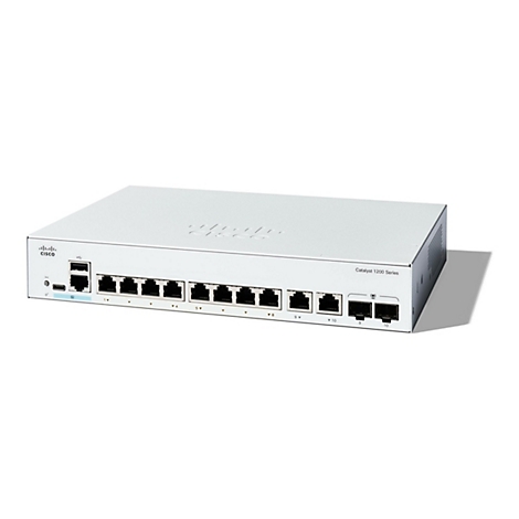 Ein grauer Cisco Catalyst 1200 Series Switch vor weißem Hintergrund. Der Switch hat mehrere Ethernet-Anschlüsse und das Cisco-Logo.