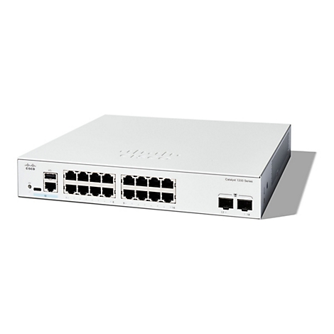Un commutateur Cisco Catalyst 1200 Series blanc sur fond blanc. Le commutateur dispose de plusieurs ports Ethernet et du logo Cisco.