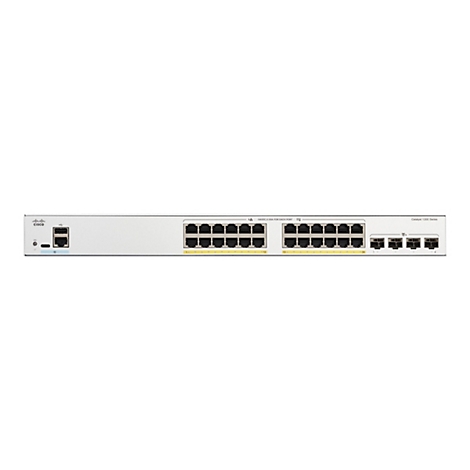 Un commutateur réseau gris avec plusieurs connexions de ports et le logo Cisco. Le commutateur porte les mots "Catalyst 1200 Series".