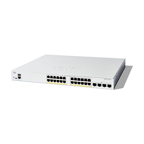 Un commutateur Cisco Catalyst 1200 Series blanc. Des ports et des LED sont visibles à l'avant.