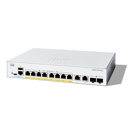 Un commutateur blanc Cisco Catalyst 1200 Series sur fond blanc. L'appareil dispose de multiples connexions de ports.
