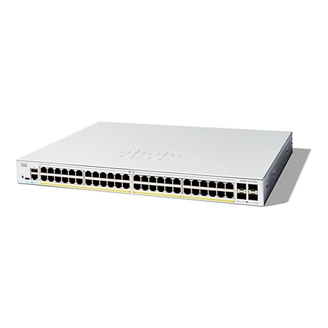 Un commutateur réseau Cisco blanc avec 48 ports. Inscription : Série Catalyst 1200.