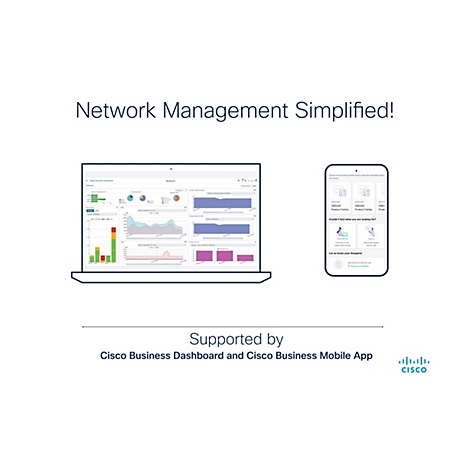 Sur fond blanc, un écran affichant le tableau de bord Cisco Business avec graphiques et données. À côté, un smartphone avec une représentation de l'application. Le texte indique "Network Management Simplified!" et "Supported by Cisco Business Dashboard...