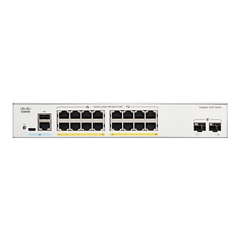 Un commutateur gris Cisco Catalyst série 1200, avec plusieurs ports. Les étiquettes comprennent le logo Cisco, les numéros de port et les spécifications techniques.