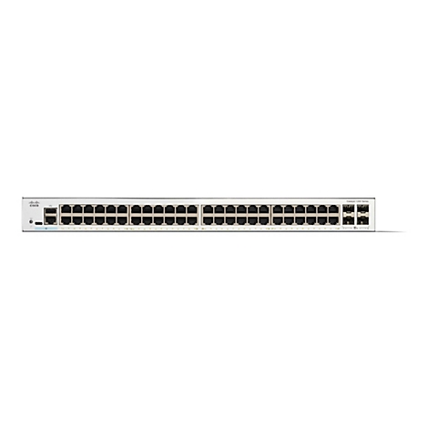Un commutateur réseau gris avec de nombreux ports et le logo Cisco sur fond blanc.