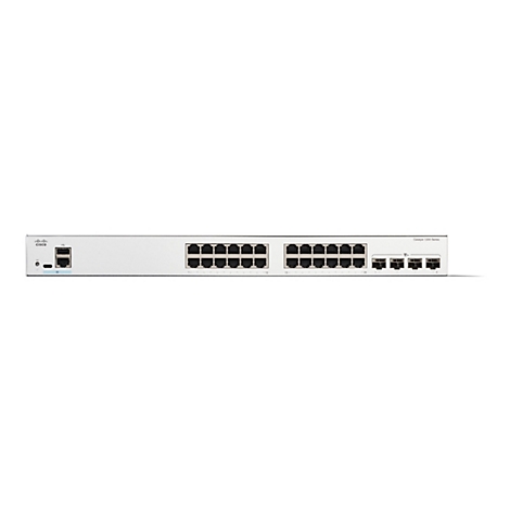 Un commutateur Cisco Catalyst 1200 blanc avec des ports réseau. Le logo Cisco est à gauche.