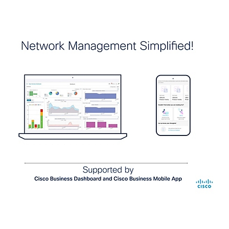 Capture d'écran montrant la gestion du réseau. Un ordinateur portable avec des graphiques à gauche. Un smartphone avec des options d'application à droite. Pris en charge par Cisco Business Dashboard et Mobile App.