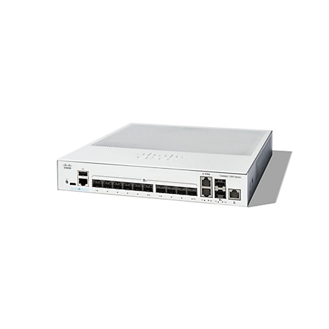 Ein weißer Cisco Catalyst 1300 Series Switch auf weißem Hintergrund. Der Switch hat mehrere Anschlüsse und das Cisco-Logo.