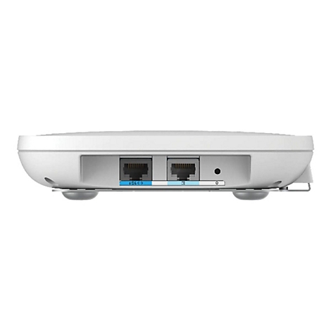 Nahaufnahme der Rückseite eines weißen Routers mit Anschlüssen. Zwei Ethernet-Ports, daneben eine kleine Taste. Der Router hat abgerundete Ecken.