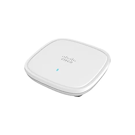 Weißes, quadratisches Cisco-Zugangsgerät mit abgerundeten Ecken. Der Cisco-Schriftzug ist oben rechts sichtbar, daneben eine blaue LED.
