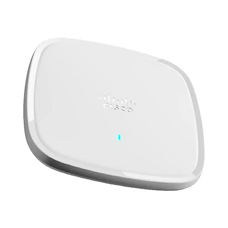 Ein weißes, ovales Gerät mit einem silbernen Rand und einem blauen Licht. Auf der Oberseite steht "cisco".