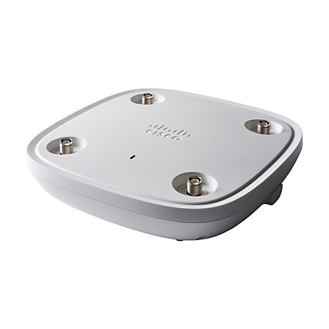 Hellgrauer Access Point, vier Antennenanschlüsse, Cisco Logo.