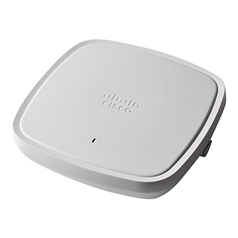 Un appareil Wi-Fi Cisco blanc et carré. Les coins arrondis sont clairement visibles. Le logo Cisco est gravé sur la surface. Il y a une petite lumière noire en bas.
