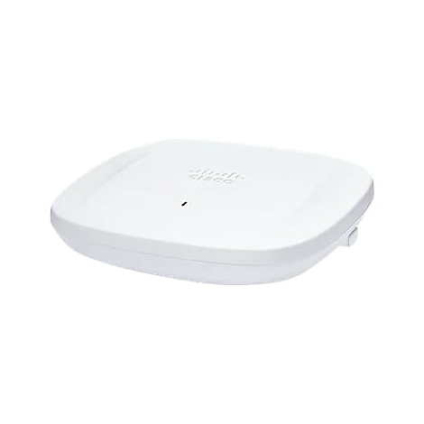 Ein weißer, quadratischer Cisco Wireless Access Point. Oberseite mit Firmenlogo, kleiner schwarzer Punkt. Abgerundete Kanten.