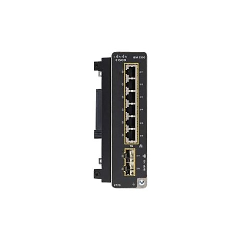 Ein schwarzer Cisco Switch mit Anschlüssen, Beschriftung: IEM 3300.