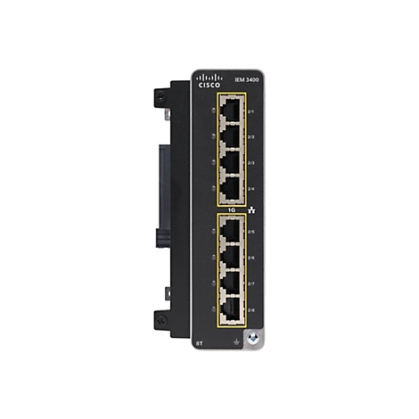 Ein schwarzer Cisco-Switch, Modell IEM 3400, mit acht Anschlüssen, Beschriftungen und dem Cisco-Logo.