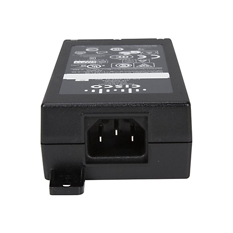 Bloc d'alimentation noir avec connecteur CEI, étiquette supérieure avec informations sur le produit, logo Cisco.