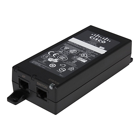 Un injecteur d'alimentation Cisco noir avec des étiquettes. Des logos, des numéros de modèle et des données techniques sont visibles sur la surface. Deux ports Ethernet sont situés en bas à l'avant.