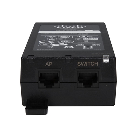 Bloc d'alimentation réseau Cisco noir. Marquages techniques en haut, deux ports en bas, avec les mentions "AP" et "SWITCH".