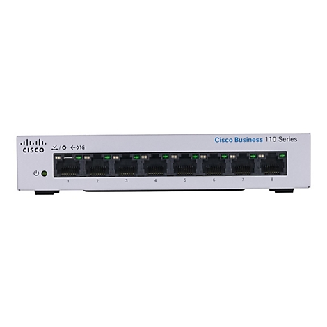 Un commutateur réseau Cisco gris avec 8 ports, numérotés de 1 à 8. "Cisco Business 110 Series" est au-dessus.
