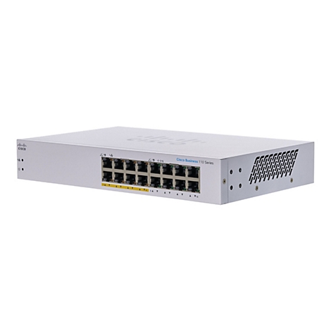 Un commutateur Cisco Business 110 Series blanc. Sur le devant se trouvent plusieurs ports, sur le dessus l'inscription "CISCO". Une grille d'aération est visible à l'arrière.
