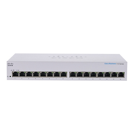 Un commutateur réseau Cisco blanc, avec 16 ports, des voyants verts et le texte "Cisco Business 110 Series".