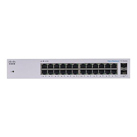 Un commutateur gris Cisco Business 110 Series avec 24 ports. L'appareil comporte des ports, des voyants lumineux et des étiquettes.