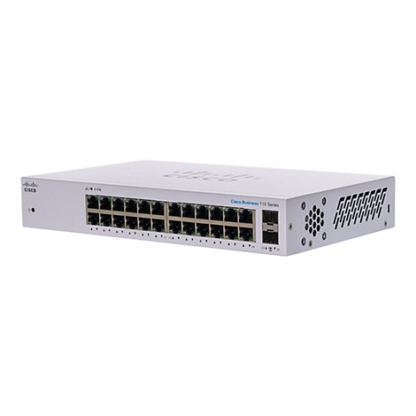 Un commutateur Cisco Business 110 Series blanc avec plusieurs connexions de ports et une grille de ventilation sur le côté.