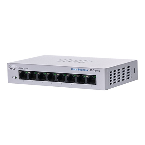Un commutateur Cisco Business 110 Series argenté avec huit ports. "Cisco Business 110 Series" est écrit sur le dessus.