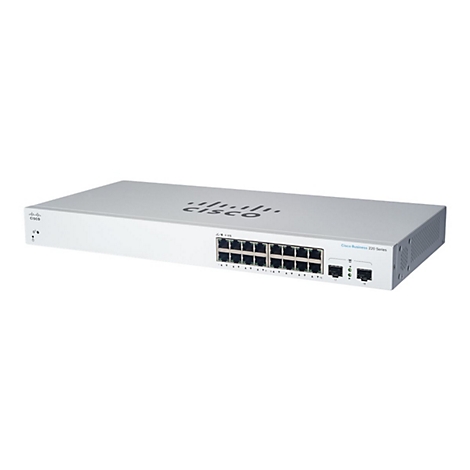 Un commutateur réseau argenté avec le logo Cisco et l'inscription "Cisco Business 220 Series".