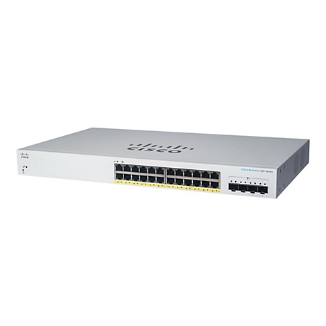Un commutateur Cisco Business 220 Series blanc. Le logo Cisco est en haut.