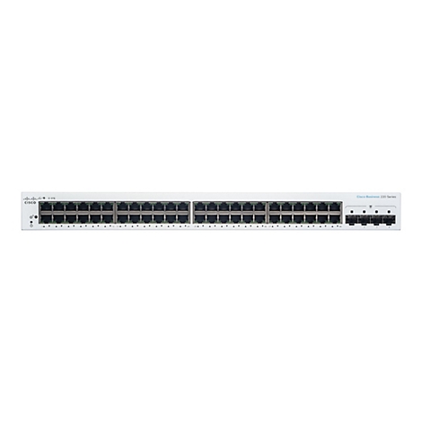 Un commutateur réseau blanc Cisco Business 220 Series avec de nombreux ports et voyants de contrôle. L'étiquetage est clairement visible.