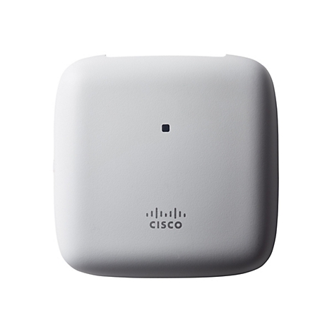Un appareil carré blanc aux coins arrondis. Un renfoncement en haut, un point noir sur la surface et le logo Cisco.