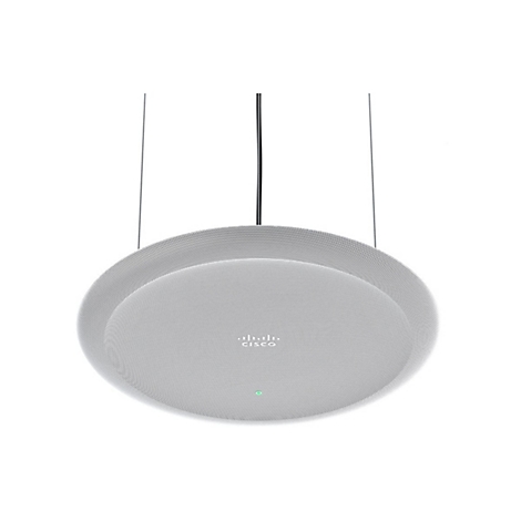 Hängende, runde weiße Deckenlautsprecher mit Cisco-Logo. Zwei Kabel befestigen sie an der Decke.