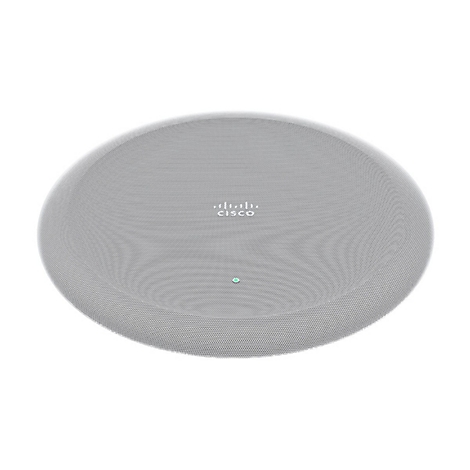 Runder, grauer Lautsprecher mit Löchern. Cisco-Logo, grünes Licht in der Mitte.