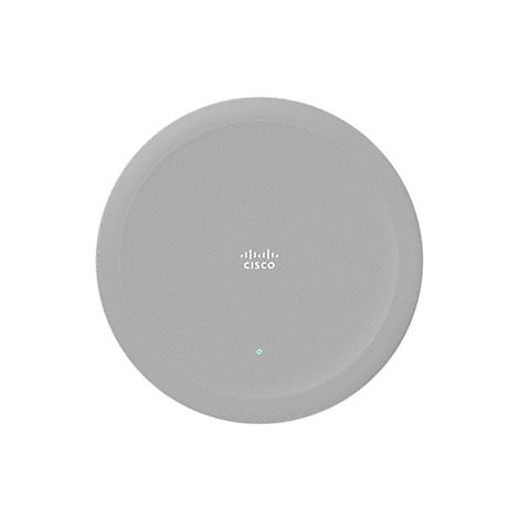 Ein grauer, kreisförmiger Deckenlautsprecher mit Cisco-Logo und grünem Licht.