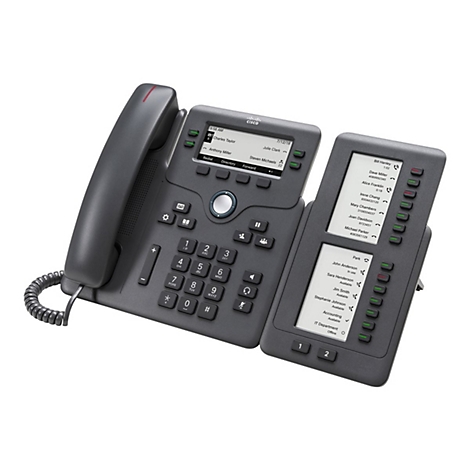 Un téléphone Cisco gris avec un module d'extension, des boutons et des écrans. Le téléphone est posé sur un fond blanc.