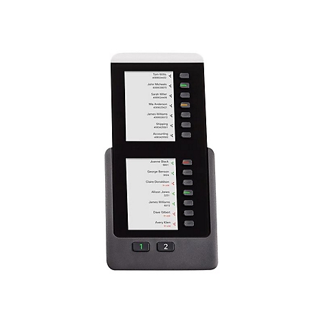Un téléphone de bureau gris avec deux écrans affiche des listes de contacts. Deux boutons sont marqués sur la base : 1 et 2.