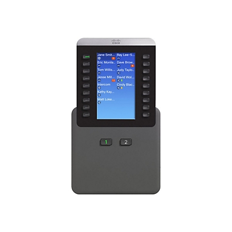 Un téléphone Cisco gris avec un écran, des boutons éclairés et une liste de contacts.